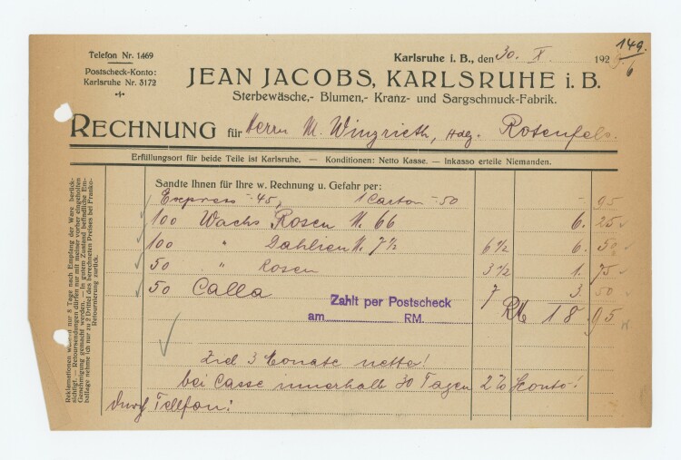 Jean Jacobs Sterbewäsche-Blumen-Kranz-Sargschmuck-Fabrik - Rechnung - 30.10.1929
