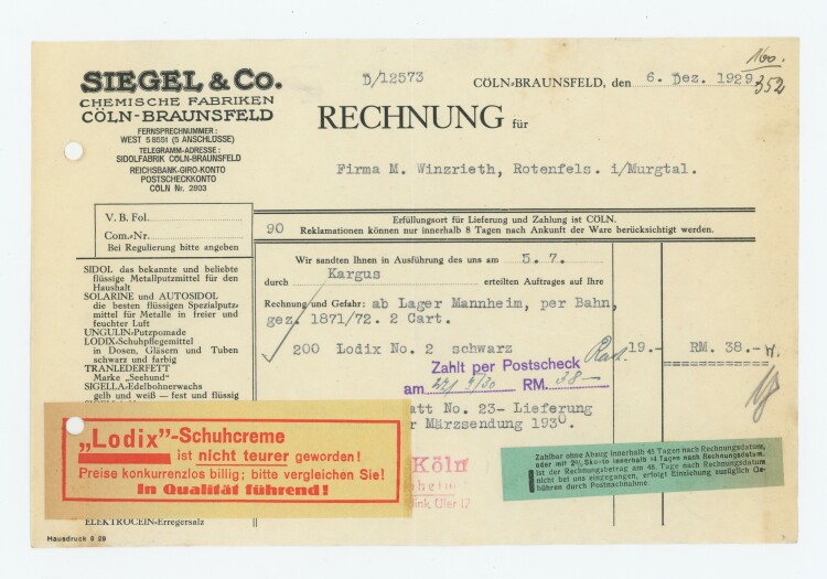 Siegel & Co Chemische Fabriken - Rechnung - 06.12.1929