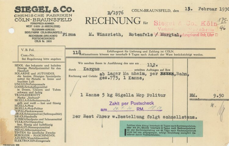 Siegel & Co Chemische Fabriken - Rechnung  - 15.02.1930