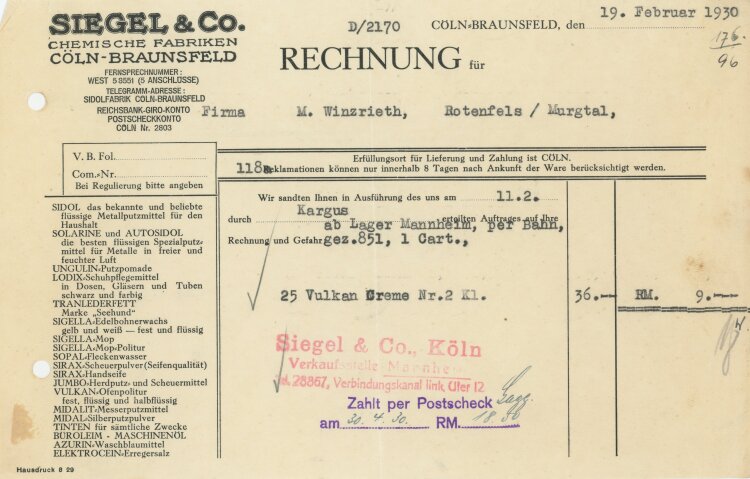 Siegel & Co Chemische Fabriken - Rechnung - 19.02.1930