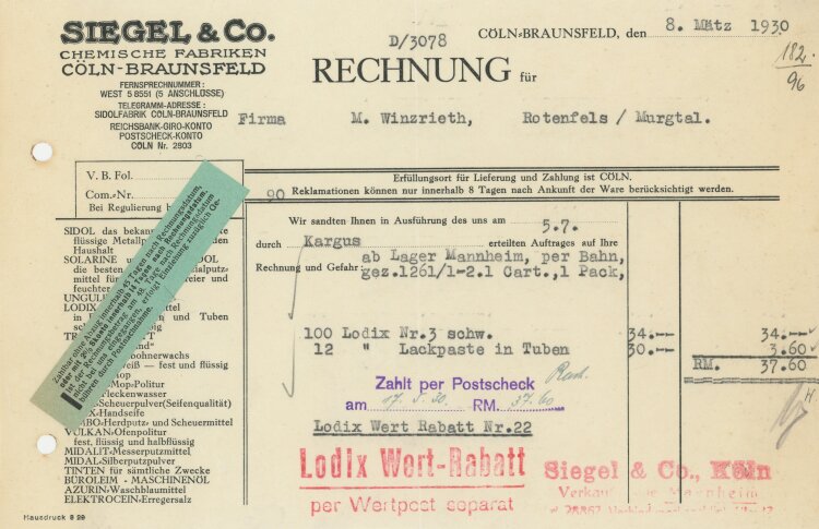 Siegel & Co Chemische Fabriken - Rechnung - 08.03.1930