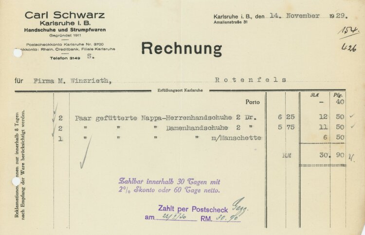 Carl Schwarz Handschuhe und Strumpfwaren - Rechnung - 14.11.1929