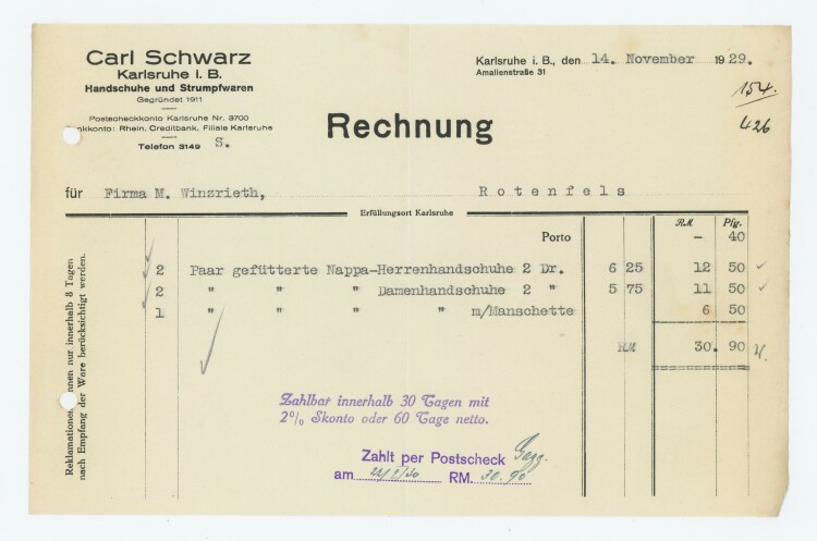 Carl Schwarz Handschuhe und Strumpfwaren - Rechnung - 14.11.1929
