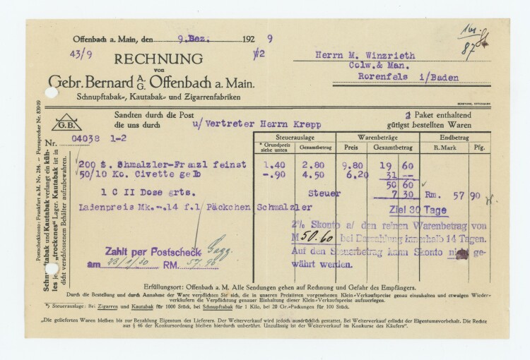 Gebrüder Bernard Tabak und Zigarrenfabrik - Rechnung - 09.12.1929