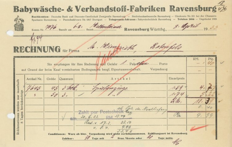 Babywäsche- und Verbandsstoff-Fabriken Ravensburg - Rechnung - 18-04.1933