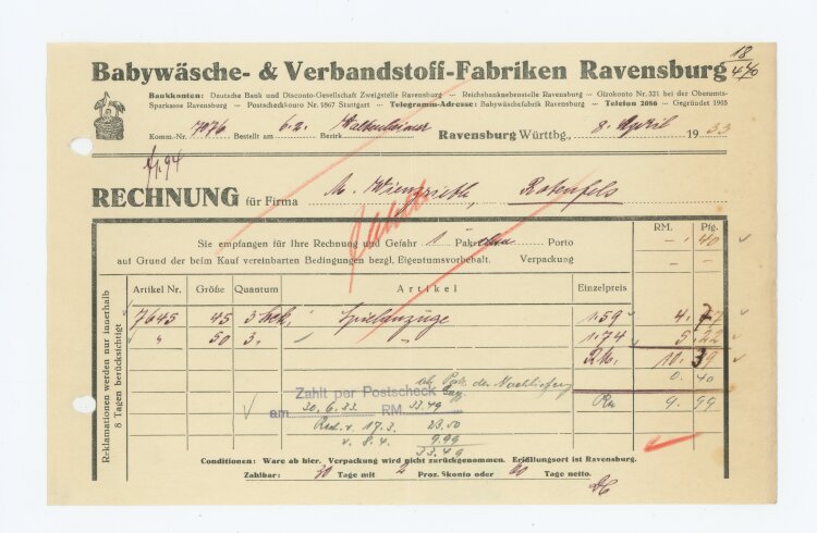 Babywäsche- und Verbandsstoff-Fabriken Ravensburg - Rechnung - 18-04.1933