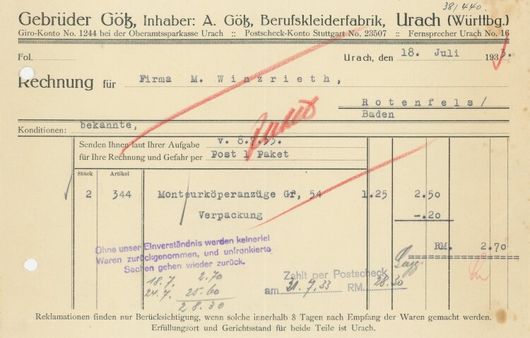 Gebrüder Götz Berufskleiderfabrik - Rechnung - 18.07.1933