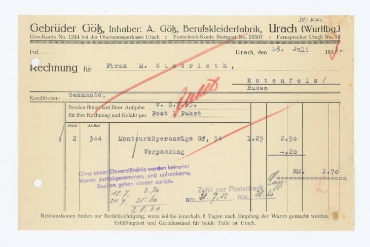 Gebrüder Götz Berufskleiderfabrik - Rechnung - 18.07.1933