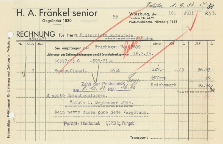 Fränkel senior - Rechnung - 18.07.1933