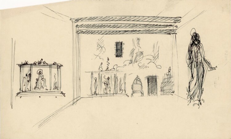 Willi Schmid - Entwurfskizze Triptychon und Altar in Kirche? - o.J. - Feder und Bleistift Zeichnung