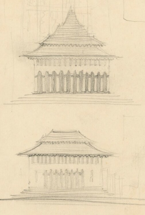 Willi Schmid - Entwurfskizze Außenseite eines Hauses/Tempels - o.J. - Bleistift Zeichnung