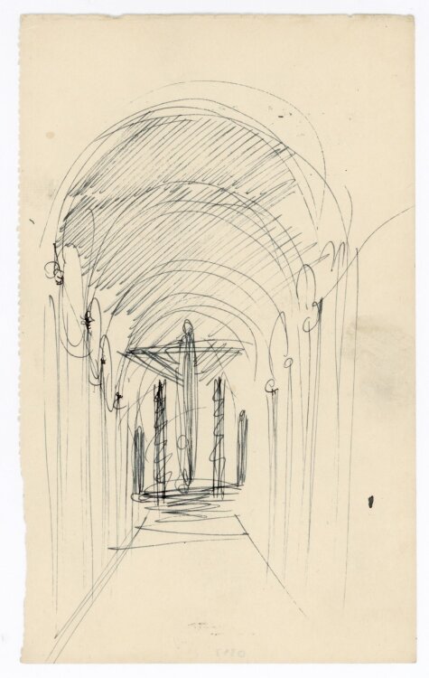 Willi Schmid - Entwurfsskizze Kircheninnenraum (Kapelle) mit Kreuz - o.J. - Feder Zeichnung