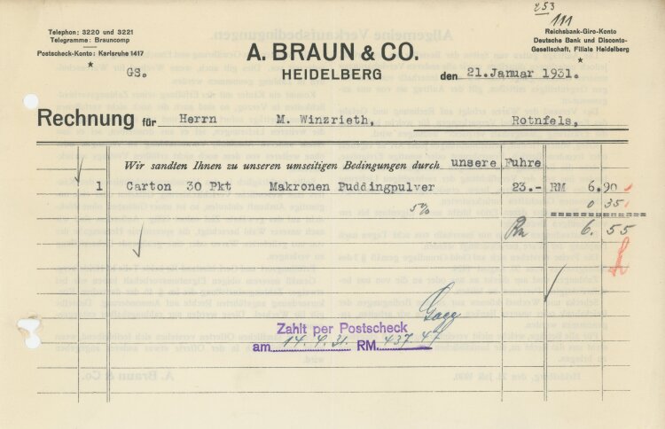 A. Braun & Co - Rechnung - 21.01.1931