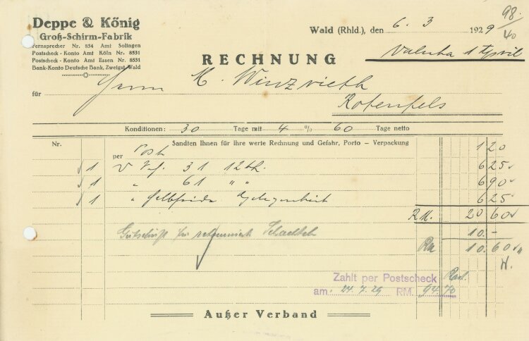 Deppe & König Groß-Schirm-Fabrik - Rechnung - 06.03.1929