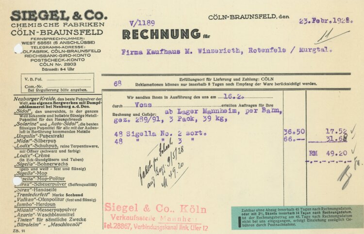 Siegel & Co Chemische Fabriken - Rechnung - 23.02.1928