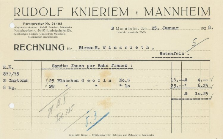 Rudolf Knieriem - Rechnung - 25.01.1928