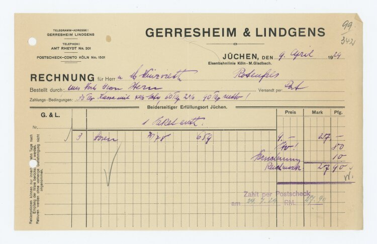 Gerresheim & Lindgens - Rechnung -