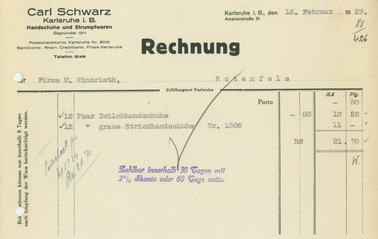 Carl Schwarz Handschuhe und Strumpfwaren - Rechnung - 16.02.1929
