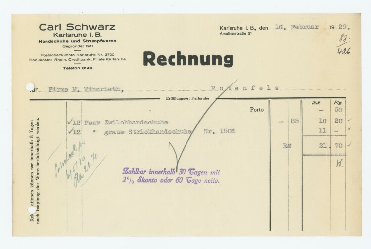 Carl Schwarz Handschuhe und Strumpfwaren - Rechnung - 16.02.1929