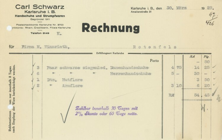 Carl Schwarz Handschuhe und Strumpfwaren - Rechnung - 30.03.1929