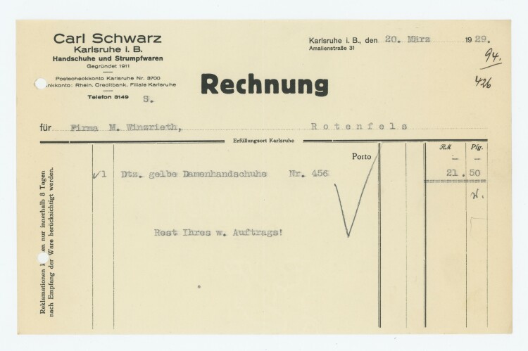 Carl Schwarz Handschuhe und Strumpfwaren - Rechnung - 20.03.1929