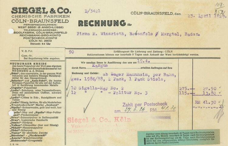 Siegel & Co Chemische Fabriken - Rechnung - 23.04.1929