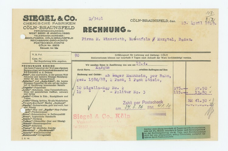 Siegel & Co Chemische Fabriken - Rechnung - 23.04.1929