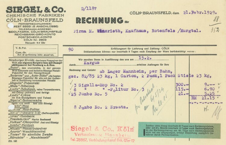 Siegel & Co Chemische Fabriken - Rechnung - 21.02.1929