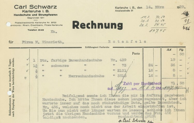 Carl Schwarz Handschuhe und Strumpfwaren - Rechnung -...