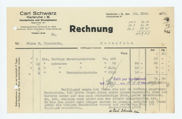 Carl Schwarz Handschuhe und Strumpfwaren - Rechnung - 14.03.1929