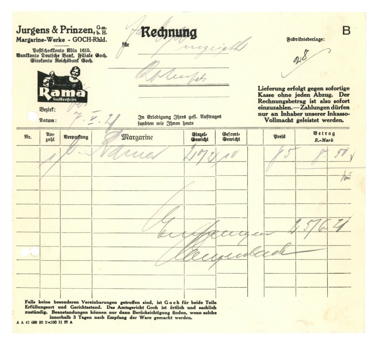 Jurgens & Prinzen GmbH Margarine-Werke - Rechnung - 07.05.1928