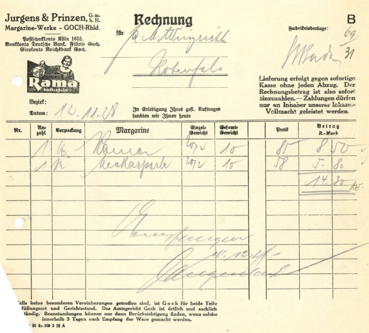 Jurgens & Prinzen GmbH Margarine-Werke - Rechnung - 12.11.1928