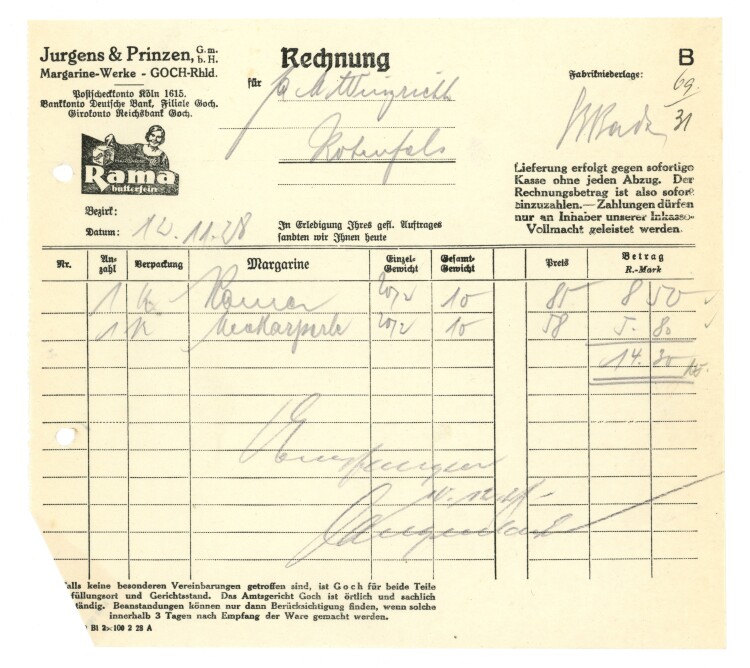 Jurgens & Prinzen GmbH Margarine-Werke - Rechnung - 12.11.1928