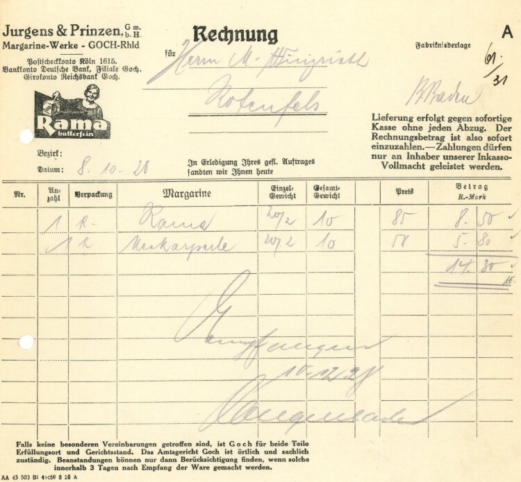 Jurgens & Prinzen GmbH Margarine-Werke - Rechnung - 08.10.1928