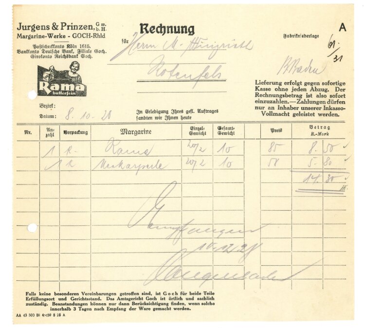 Jurgens & Prinzen GmbH Margarine-Werke - Rechnung - 08.10.1928