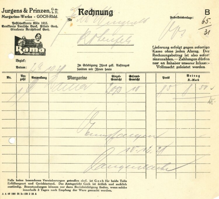 Jurgens & Prinzen GmbH Margarine-Werke - Rechnung - 24.10.1928