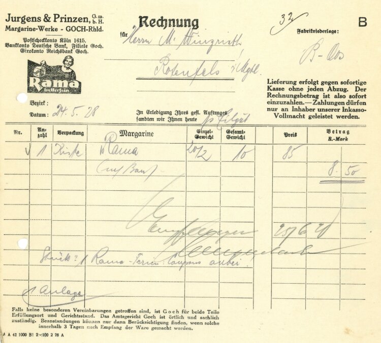 Jurgens & Prinzen GmbH Margarine-Werke - Rechnung - 24.05.1928