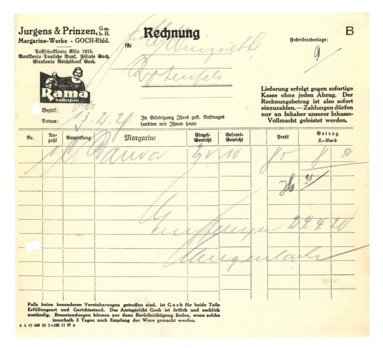 Jurgens & Prinzen GmbH Margarine-Werke - Rechnung - 13.02.1928