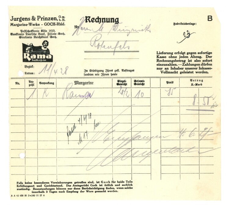 Jurgens & Prinzen GmbH Margarine-Werke - Rechnung - 11.04.1928