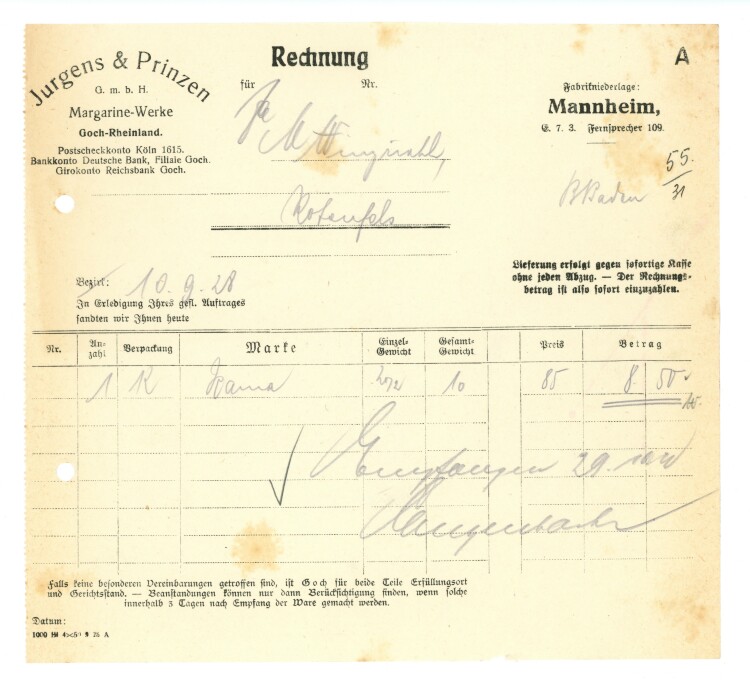 Jurgens & Prinzen GmbH Margarine-Werke - Rechnung - 10.09.1928