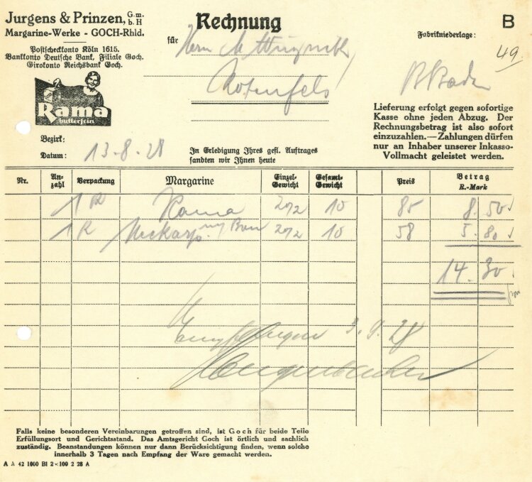 Jurgens & Prinzen GmbH Margarine-Werke - Rechnung - 13.08.1928