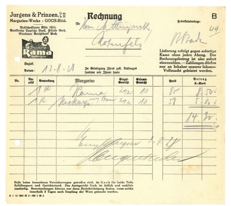 Jurgens & Prinzen GmbH Margarine-Werke - Rechnung - 13.08.1928
