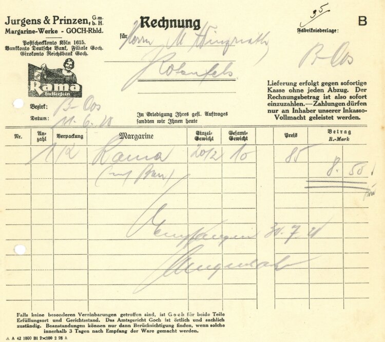 Jurgens & Prinzen GmbH Margarine-Werke - Rechnung - 11.06.1928