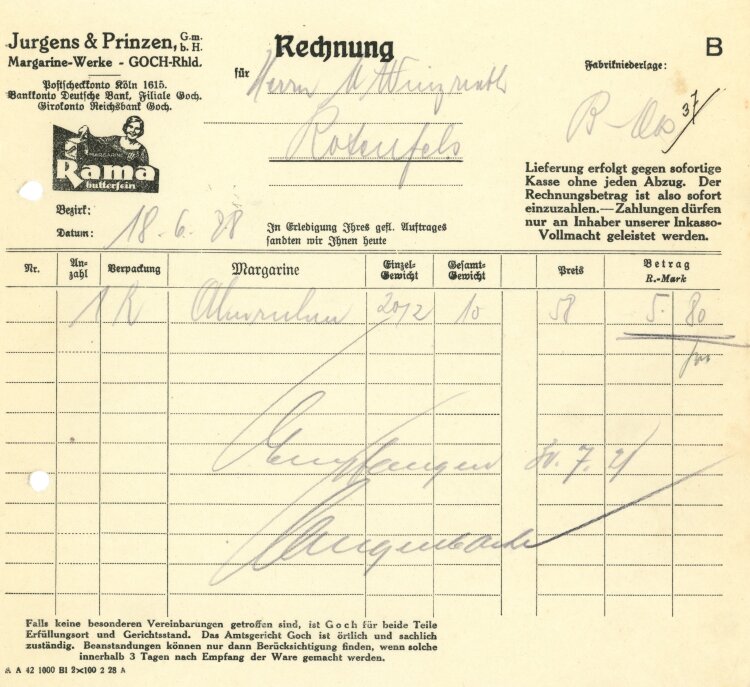 Jurgens & Prinzen GmbH Margarine-Werke - Rechnung - 18.06.1928