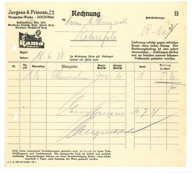 Jurgens & Prinzen GmbH Margarine-Werke - Rechnung - 18.06.1928