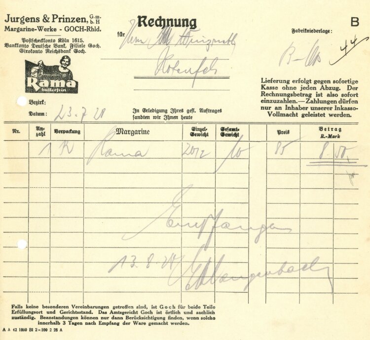 Jurgens & Prinzen GmbH Margarine-Werke - Rechnung - 23.07.1928