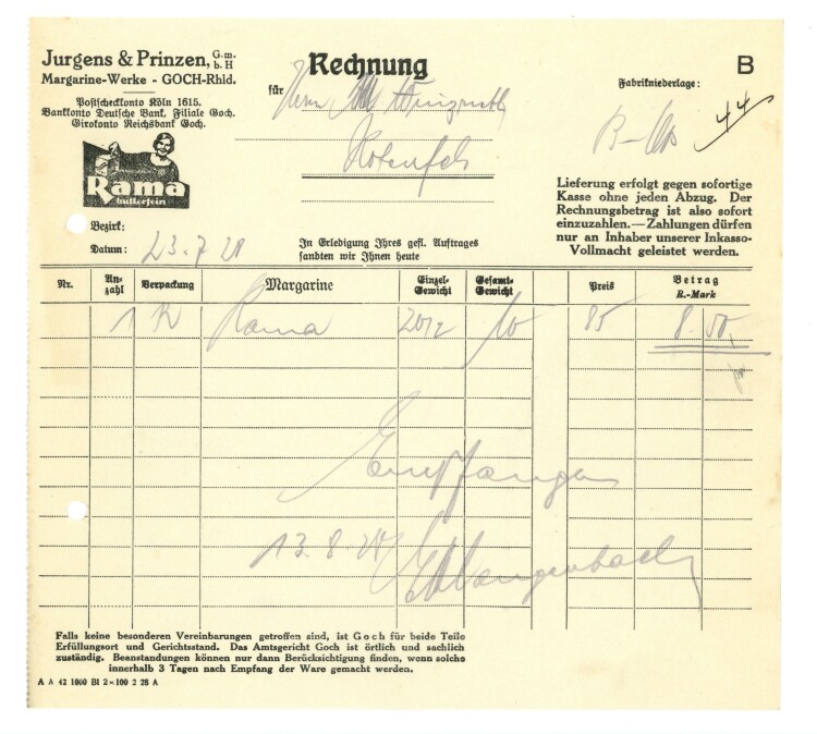 Jurgens & Prinzen GmbH Margarine-Werke - Rechnung - 23.07.1928
