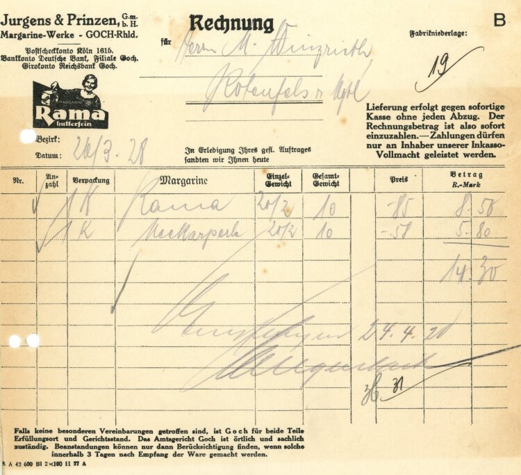 Jurgens & Prinzen GmbH Margarine-Werke - Rechnung - 20.03.1928