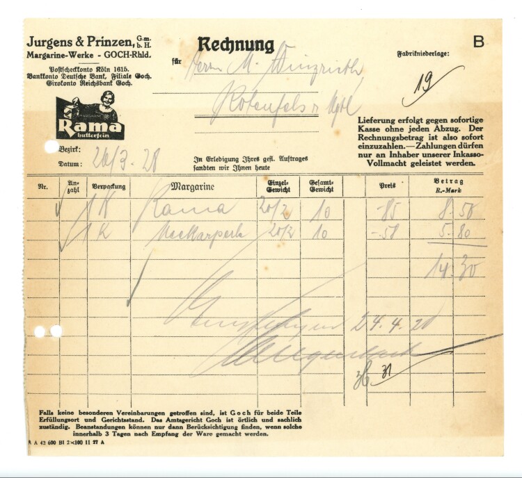 Jurgens & Prinzen GmbH Margarine-Werke - Rechnung - 20.03.1928