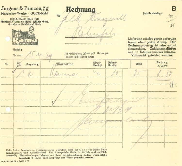 Jurgens & Prinzen GmbH Margarine-Werke - Rechnung - 15.04.1928